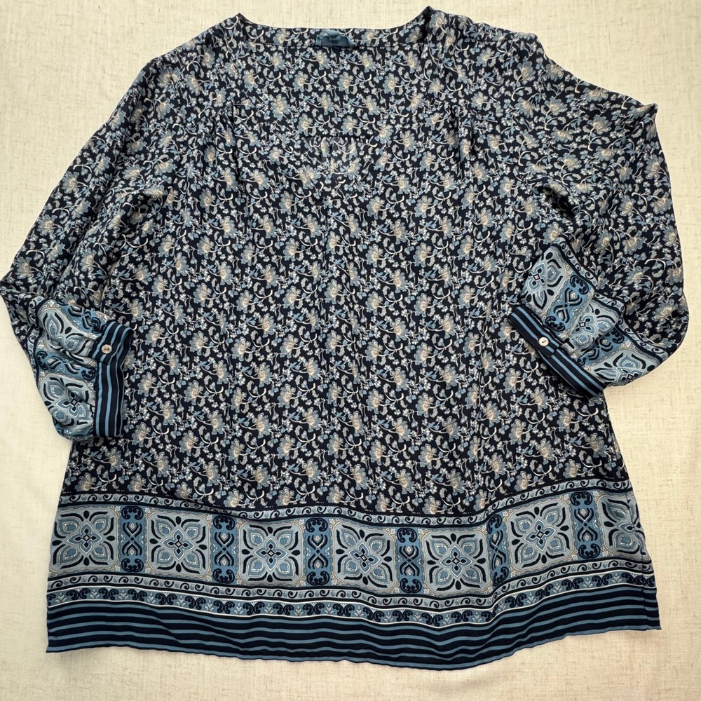 Fleur Bleue Blouse Womens 1X Navy‎ Blue Floral Geometric Border Boho Breezy Top